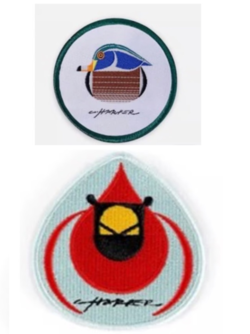 Charley Harper - 2 Embroidered Art Patches - Wood Duck & Cardinal